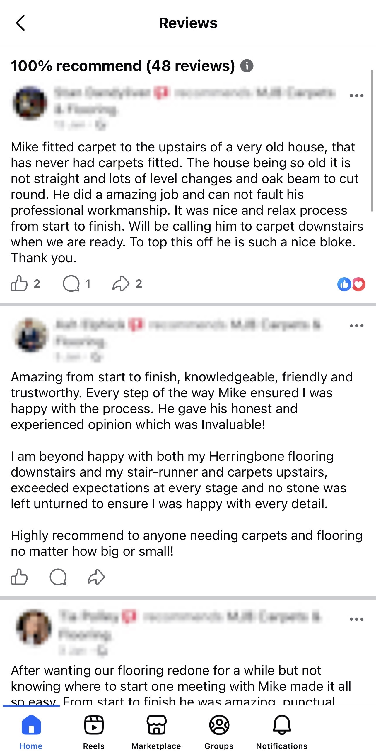 Facebook reviews screenshot used to populate the reviews section