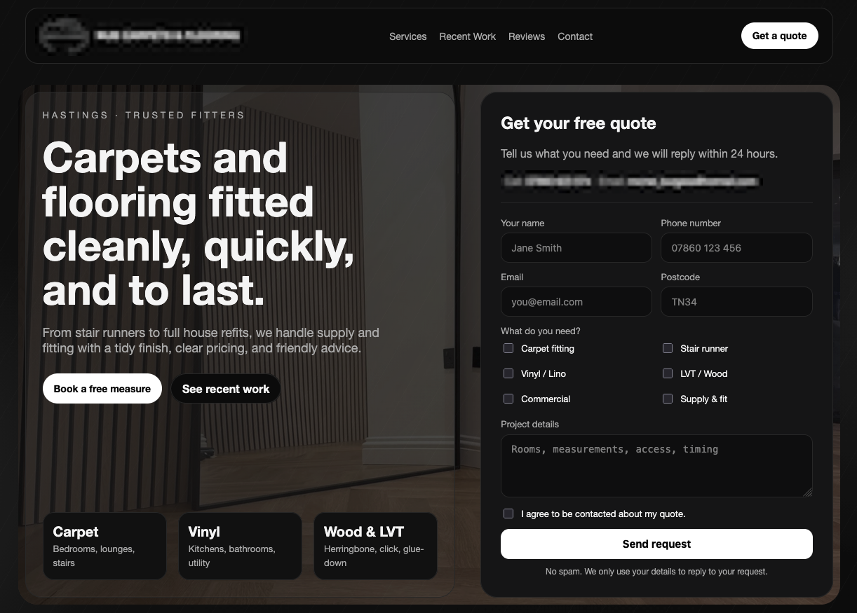 Desktop header and contact form for the launch site