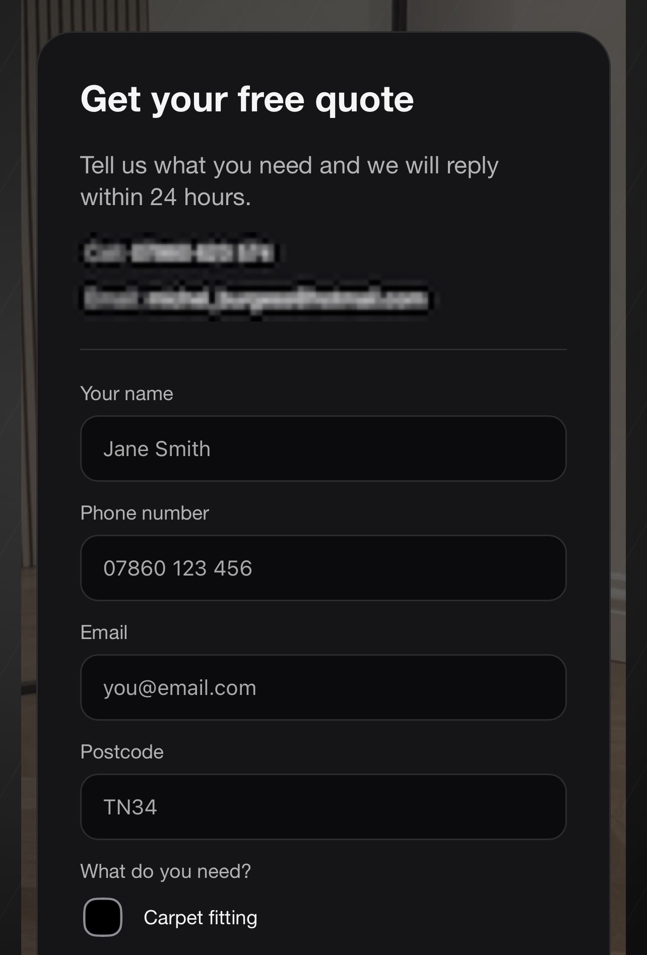 Mobile contact form section on the launch site