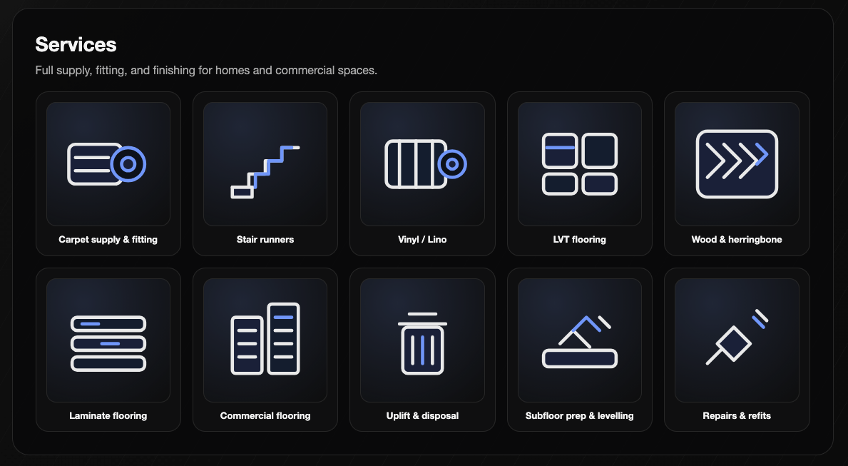 Desktop services section showing custom icons